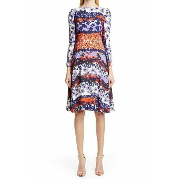 Lela Rose Multi Colored Floral Scalloped Long Sleeve Midi Dress Size 6 - Picture 14 of 14